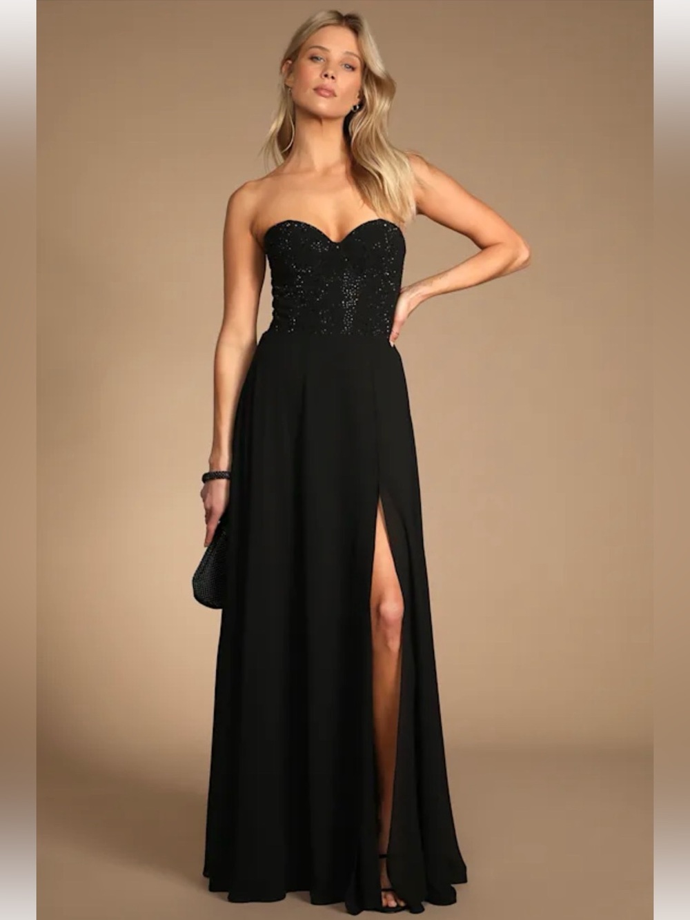Lulu’s Remember This Moment Black Rhinestone Strapless Maxi Dress